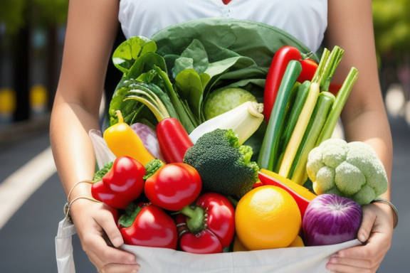 Eco-friendly shopping bag with fresh vegetables and fruits