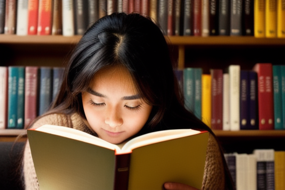 Person reading a book in a library