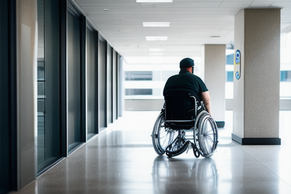 A person using a wheelchair navigating a ramp in a public building