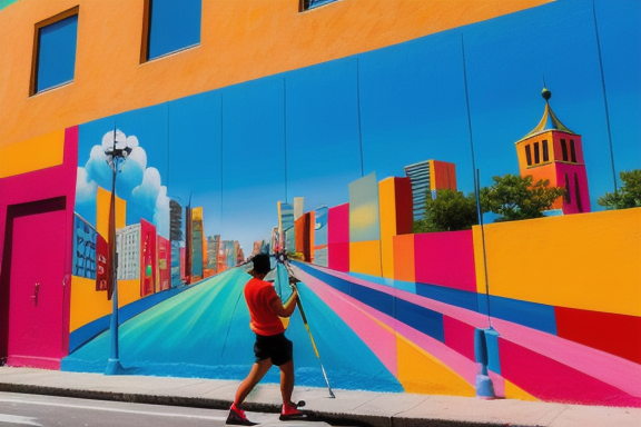 Person painting a mural on a city wall